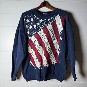 America The Beautiful U.S.A. Maze Crew Neck Sweatshirt Navy with Flag Sz XL